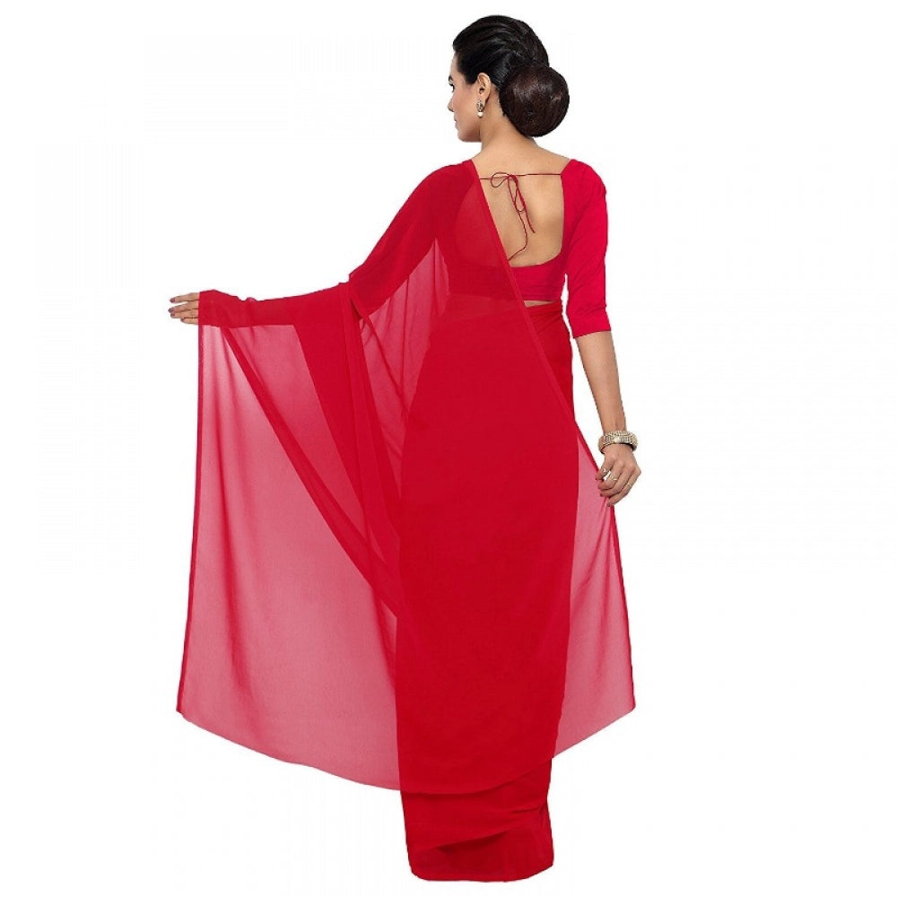 Amfyn Women's Georgette Plain Saree With Blouse (Red, 5-6 Mtrs)