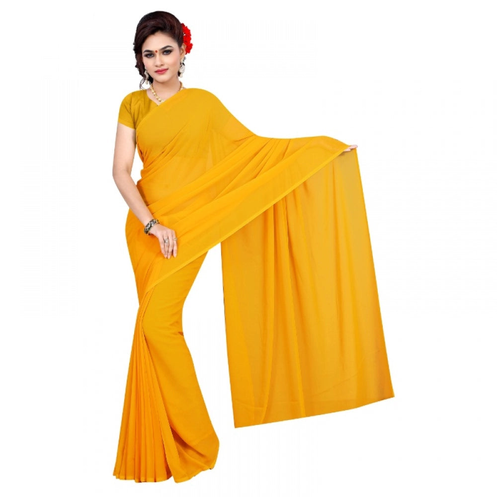 Amfyn Women's Georgette Plain Saree With Blouse (Gold, 5-6 Mtrs)