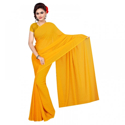 Amfyn Women's Georgette Plain Saree With Blouse (Gold, 5-6 Mtrs)