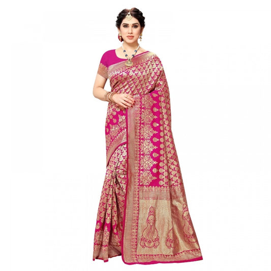 Amfyn Women's Jacquard Silk Kanjivaram Jacquard Silk Saree With Blouse (Pink, 5-6 Mtrs)