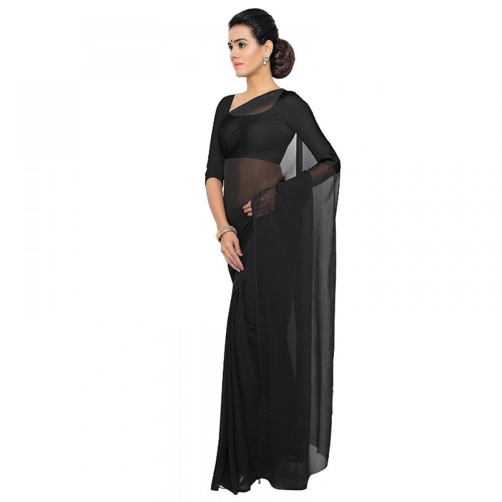 Amfyn Women's Georgette Plain Saree With Blouse (Black, 5-6 Mtrs)