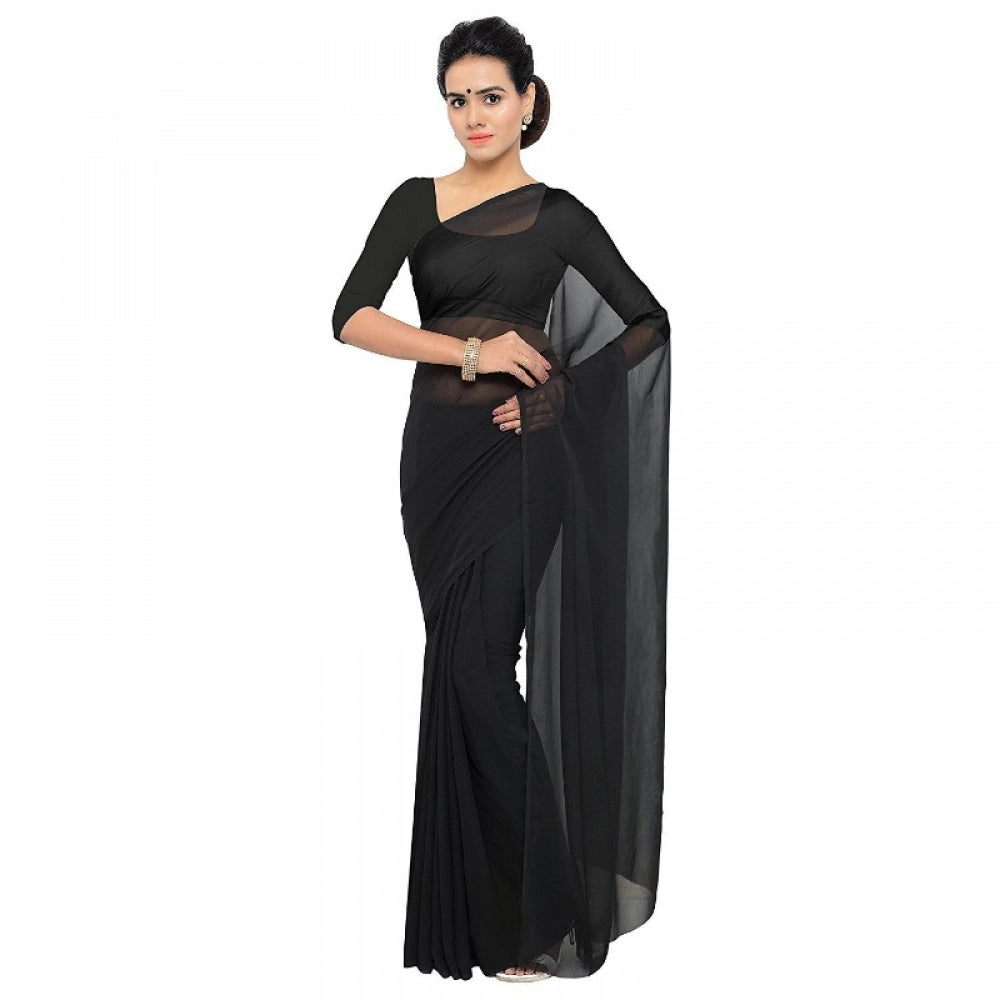 Amfyn Women's Georgette Plain Saree With Blouse (Black, 5-6 Mtrs)