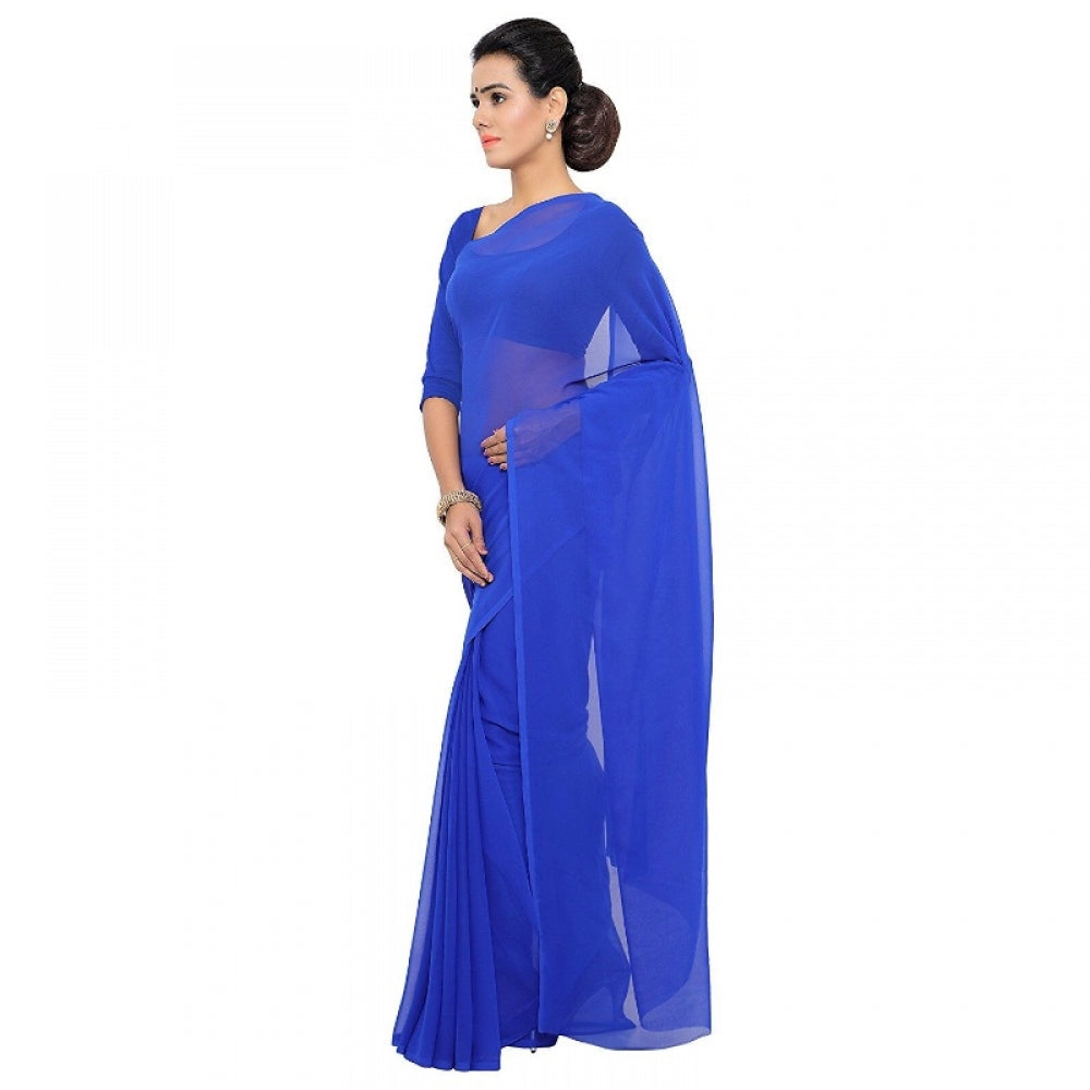 Amfyn Women's Georgette Plain Saree With Blouse (Royal Blue, 5-6 Mtrs)