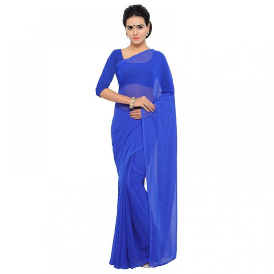 Amfyn Women's Georgette Plain Saree With Blouse (Royal Blue, 5-6 Mtrs)