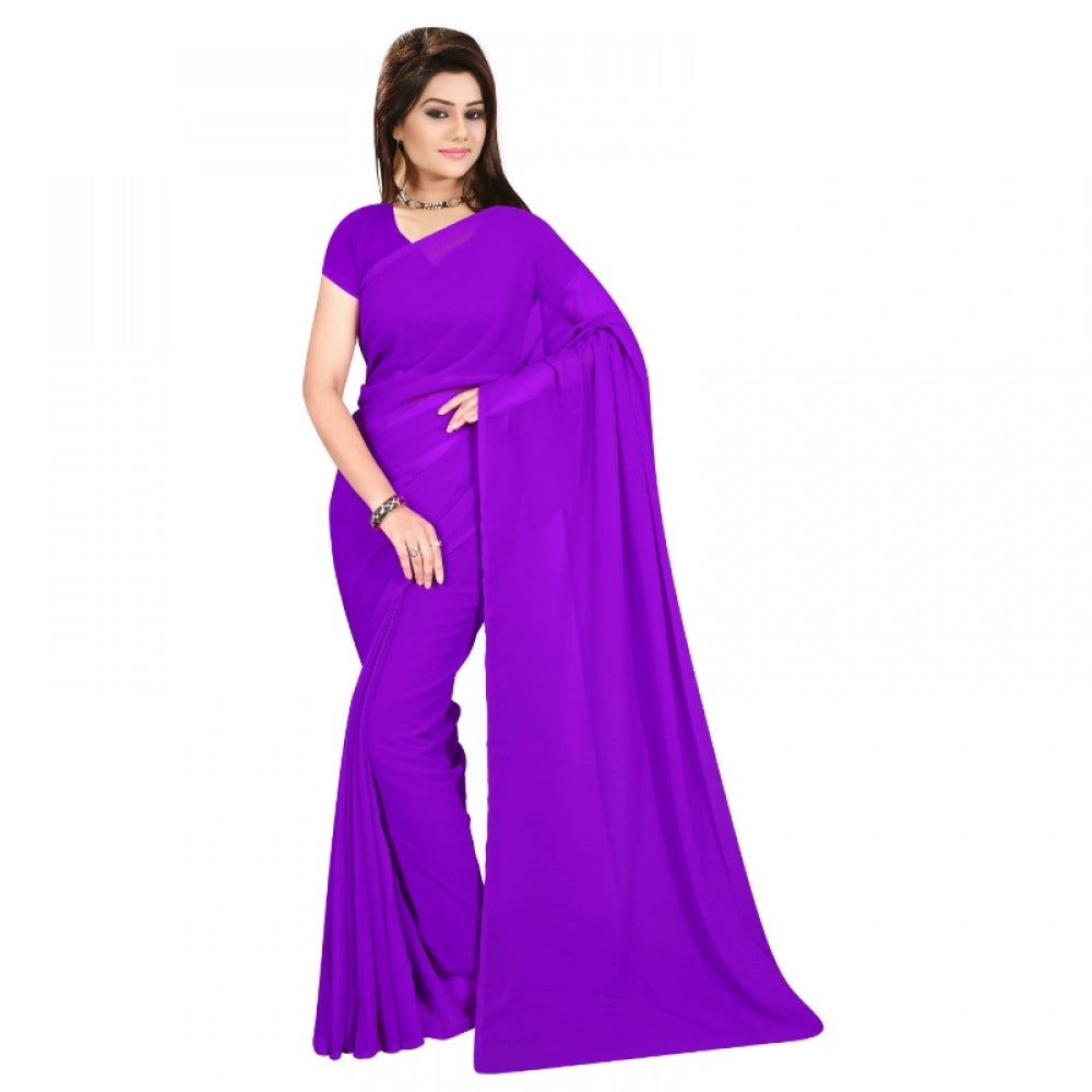 Amfyn Women's Georgette Plain Saree With Blouse (Purple, 5-6 Mtrs)