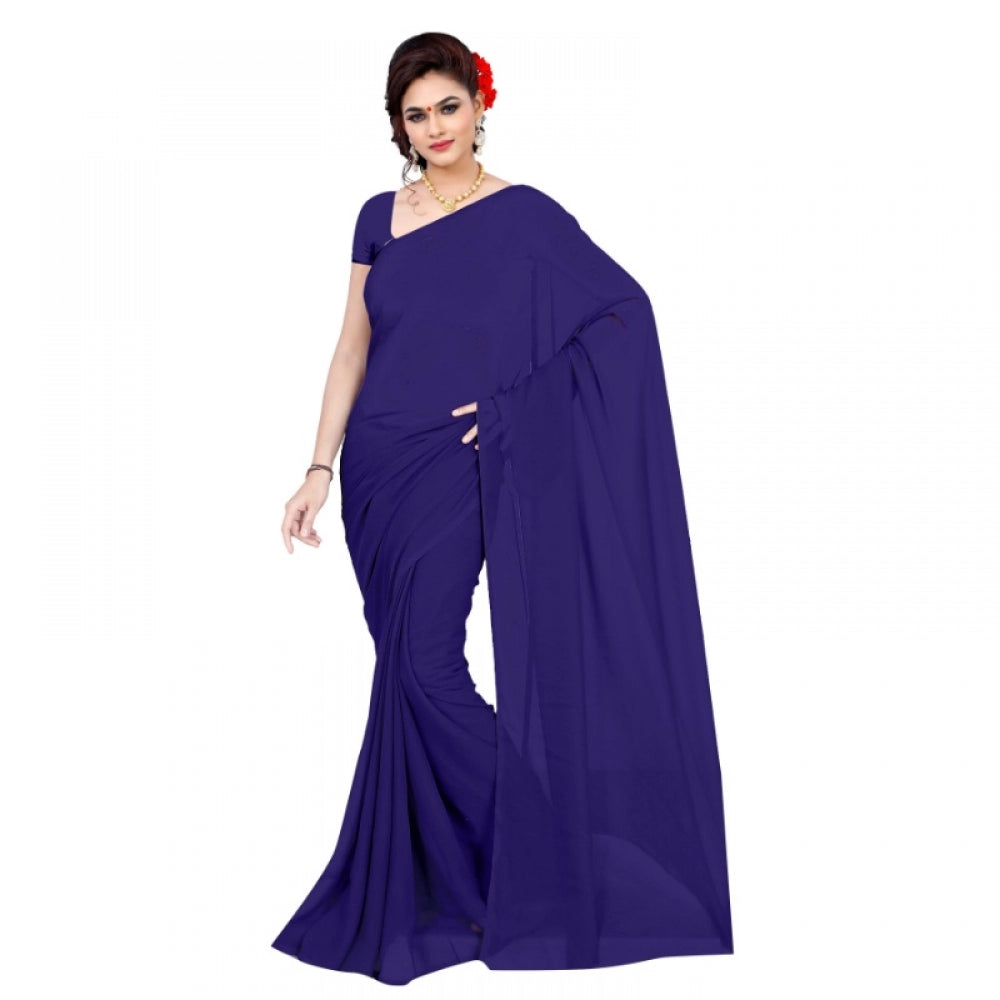 Amfyn Women's Georgette Plain Saree With Blouse (Navy Blue, 5-6 Mtrs)