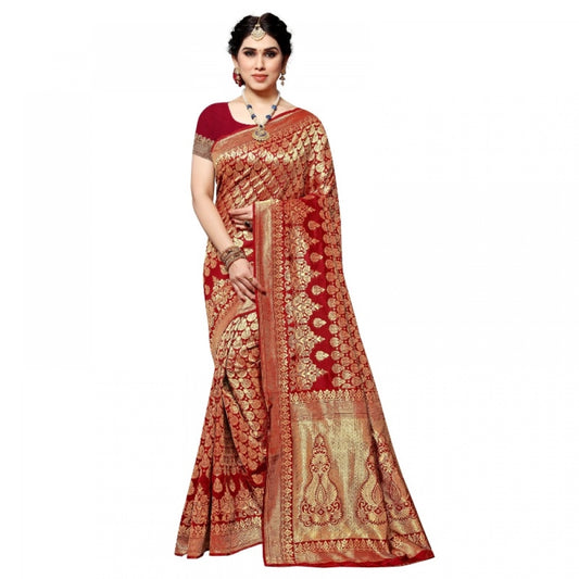 Amfyn Women's Jacquard Silk Kanjivaram Jacquard Silk Saree With Blouse (Red, 5-6 Mtrs)