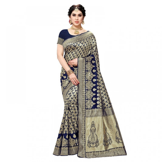 Amfyn Women's Jacquard Silk Kanjivaram Jacquard Silk Saree With Blouse (Navy Blue, 5-6 Mtrs)