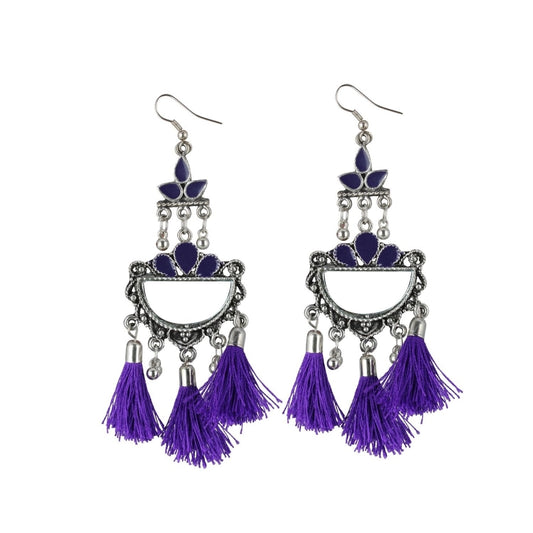 Fashion Women's Silver Plated Afgani Tassel Earring (Color: Purple)