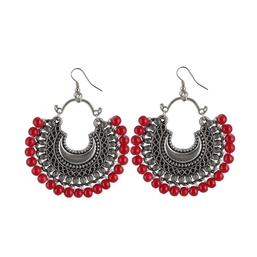 Fashion Women's Silver Plated Hook Dangler Hanging Beads Earring (Color: Red)