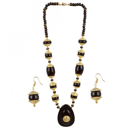 Fashion Women's Designer Dark Brown and Golden Beads South Style Necklace (Color: Black)