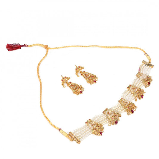 Fashion Gold-Plated And Jadau Choker Necklace With Earrings Set For Women