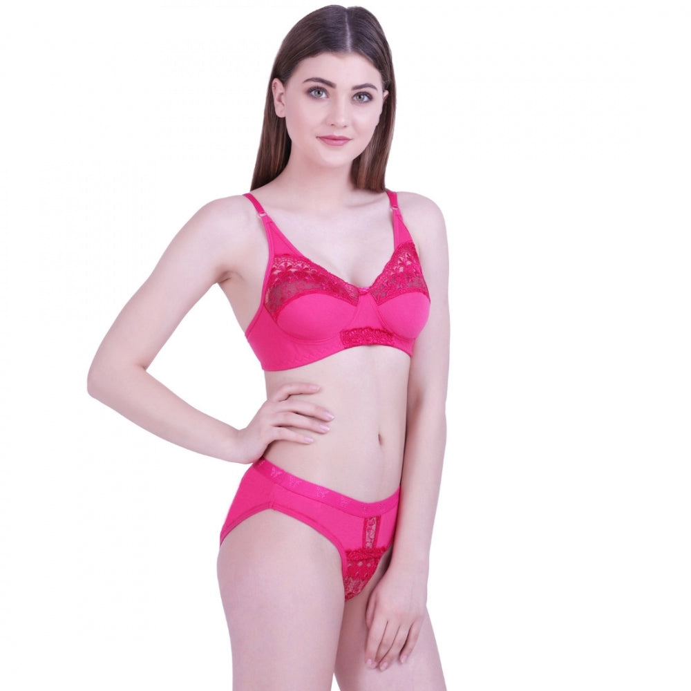 Amfyn Women's Cotton Bra And Panty Set (Material: Cotton (Color: Dark Pink)