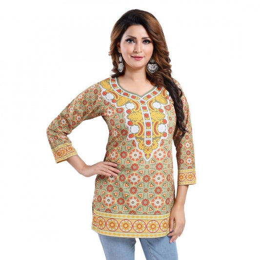 Amfyn Women's Quarter Sleeve Faux Crepe Printed Short Kurti Tunic Top (Color:Multicolor)