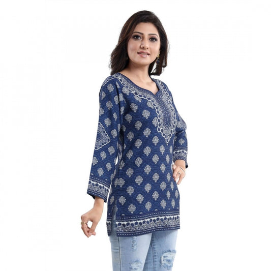 Amfyn Women's Quarter Sleeve Faux Crepe Printed Short Kurti Tunic Top (Color:Blue)