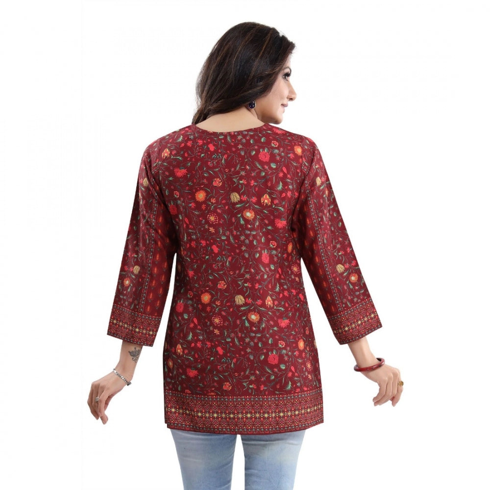 Amfyn Women's Quarter Sleeve Faux Crepe Printed Short Kurti Tunic Top (Color:Red)