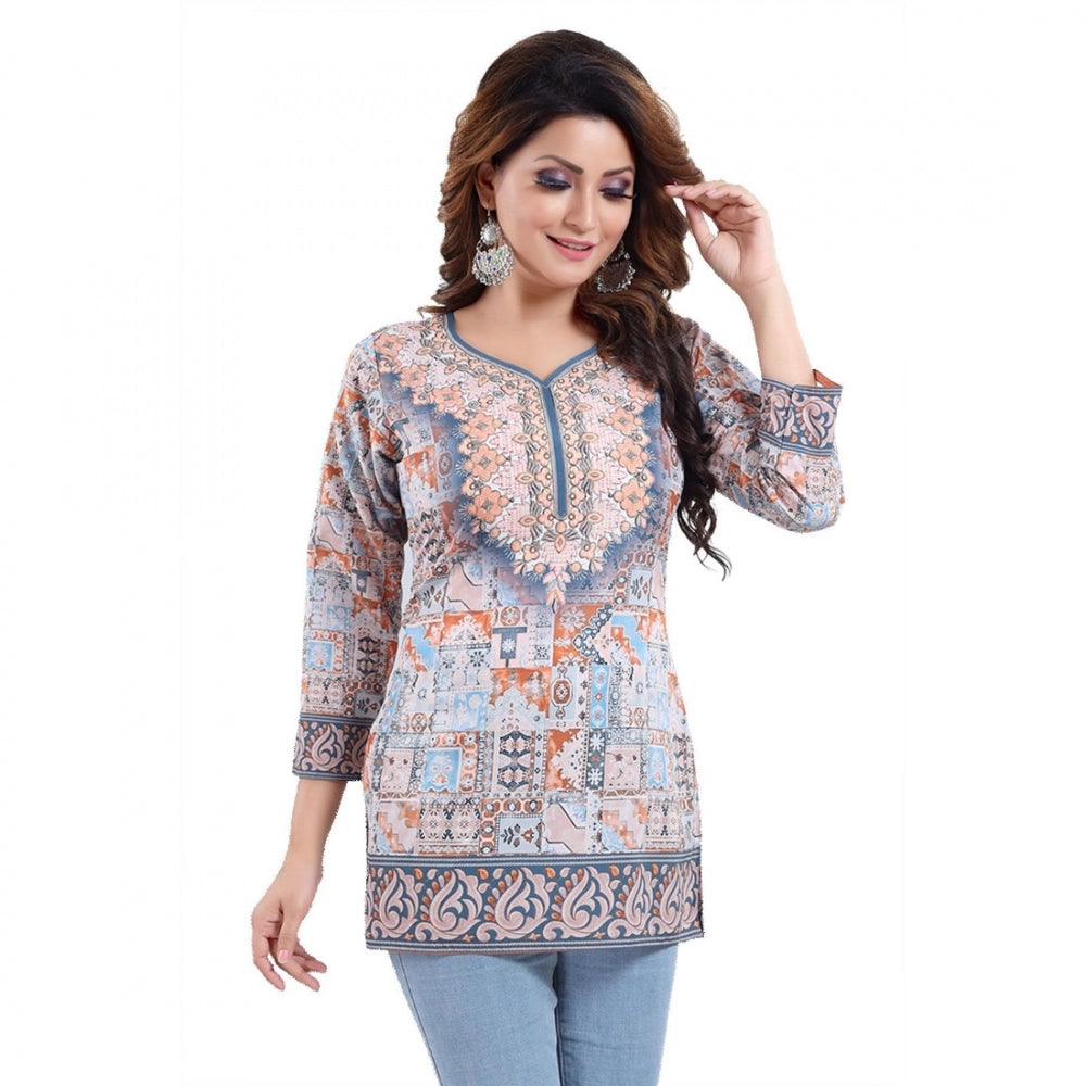 Amfyn Women's Quarter Sleeve Faux Crepe Printed Short Kurti Tunic Top (Color:Blue)