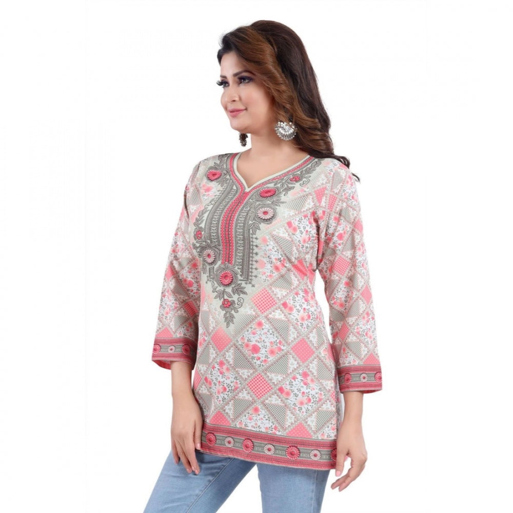 Amfyn Women's Quarter Sleeve Faux Crepe Printed Short Kurti Tunic Top (Color:Pink)