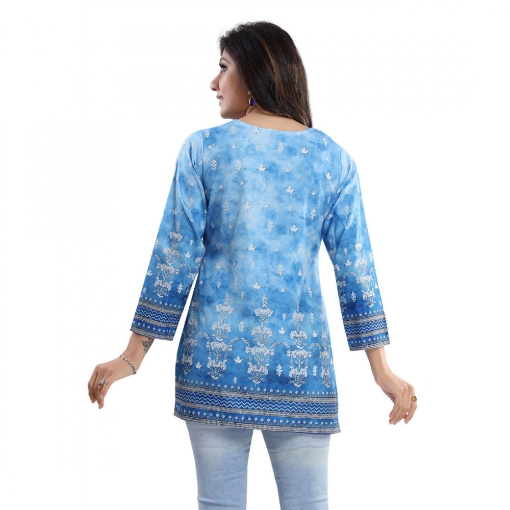 Amfyn Women's Quarter Sleeve Faux Crepe Printed Short Kurti Tunic Top (Color:Sky Blue)