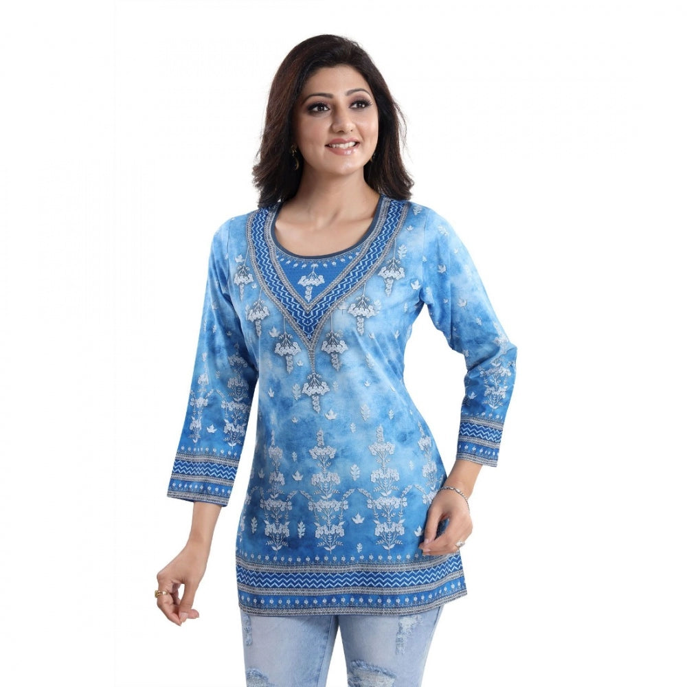 Amfyn Women's Quarter Sleeve Faux Crepe Printed Short Kurti Tunic Top (Color:Sky Blue)