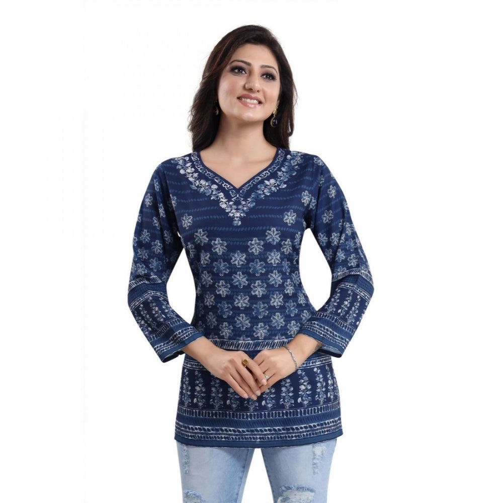 Amfyn Women's Quarter Sleeve Faux Crepe Printed Short Kurti Tunic Top (Color:Blue)