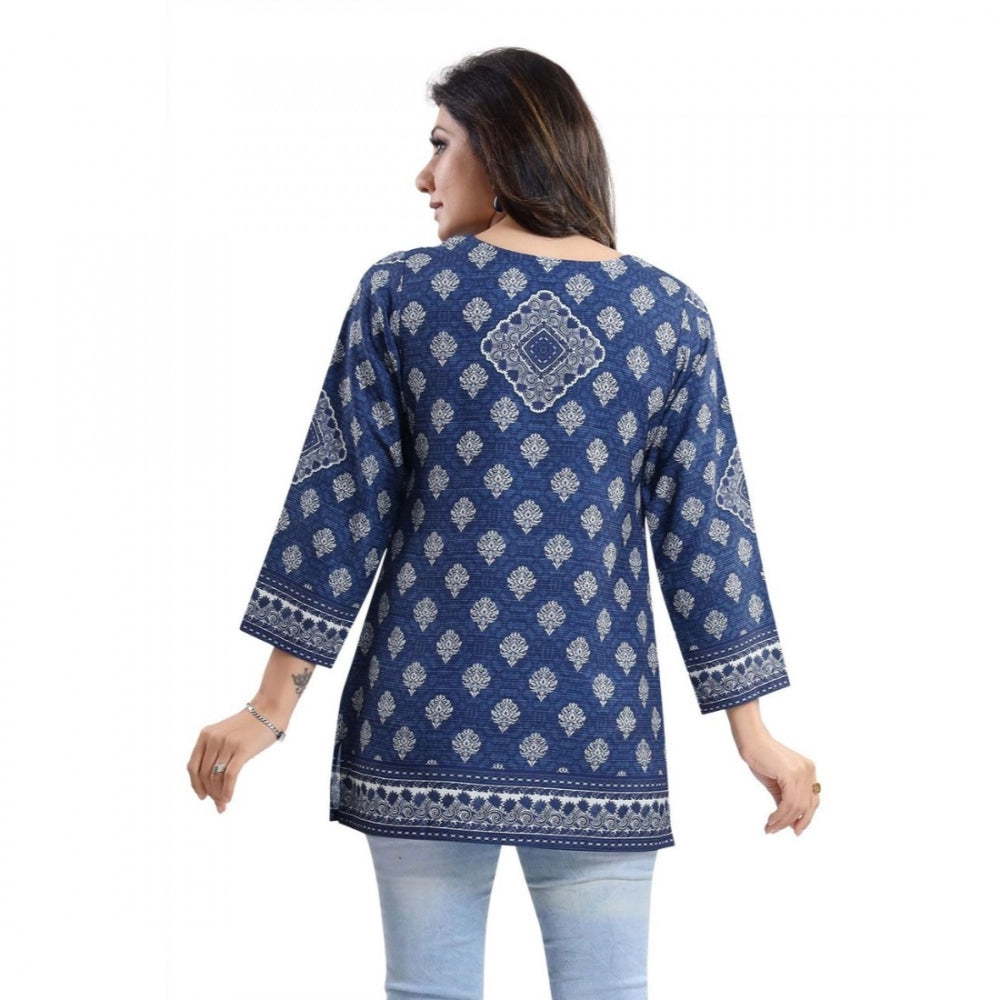 Amfyn Women's Quarter Sleeve Faux Crepe Printed Short Kurti Tunic Top (Color:Blue)