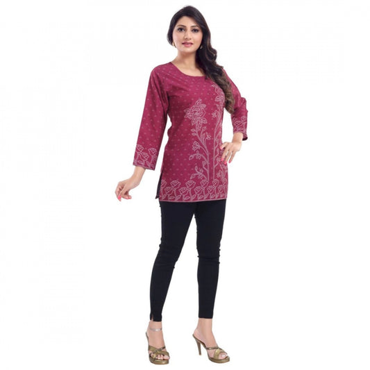 Amfyn Women's Quarter Sleeve Faux Crepe Printed Short Kurti Tunic Top (Color:Magenta)