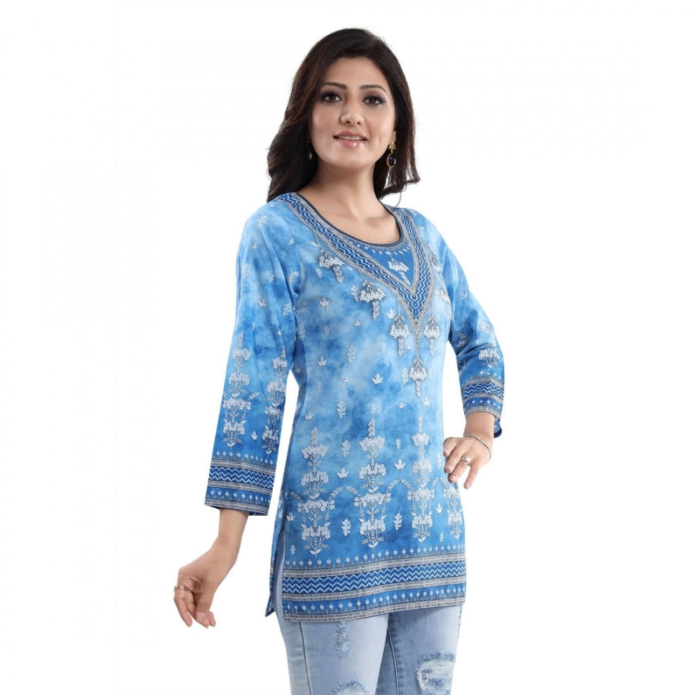 Amfyn Women's Quarter Sleeve Faux Crepe Printed Short Kurti Tunic Top (Color:Sky Blue)