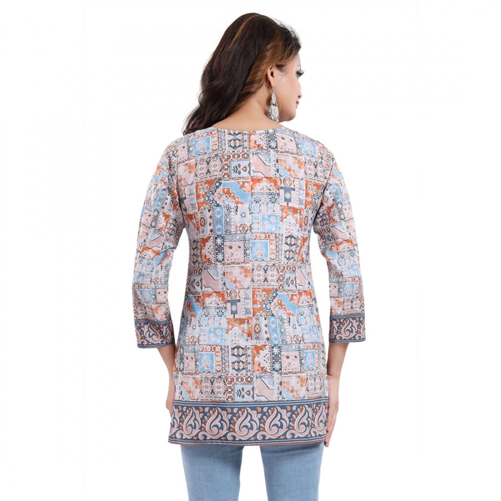 Amfyn Women's Quarter Sleeve Faux Crepe Printed Short Kurti Tunic Top (Color:Blue)