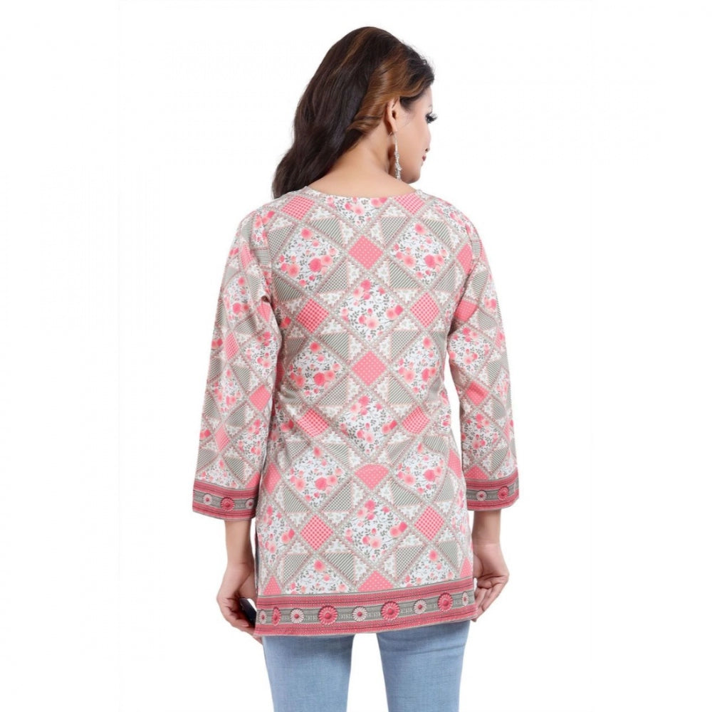 Amfyn Women's Quarter Sleeve Faux Crepe Printed Short Kurti Tunic Top (Color:Pink)