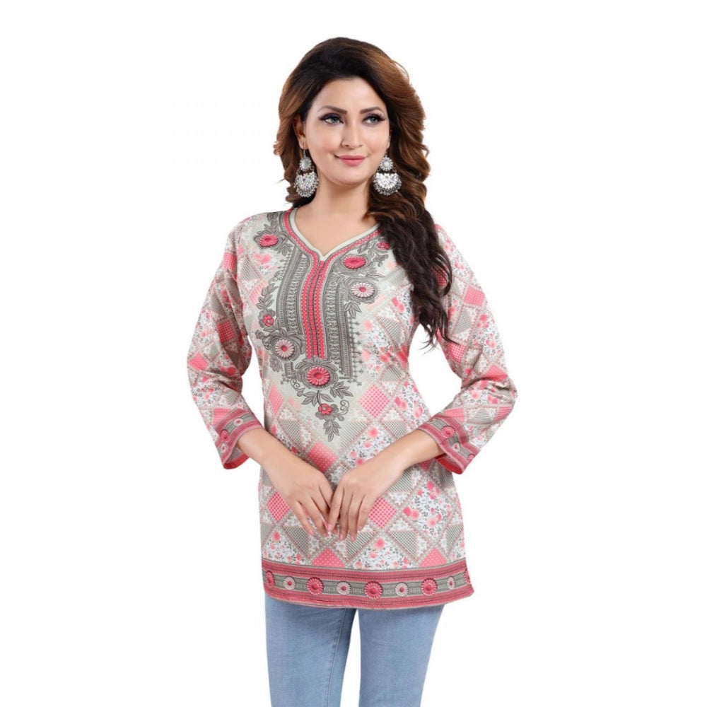 Amfyn Women's Quarter Sleeve Faux Crepe Printed Short Kurti Tunic Top (Color:Pink)