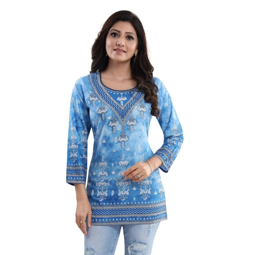 Amfyn Women's Quarter Sleeve Faux Crepe Printed Short Kurti Tunic Top (Color:Sky Blue)