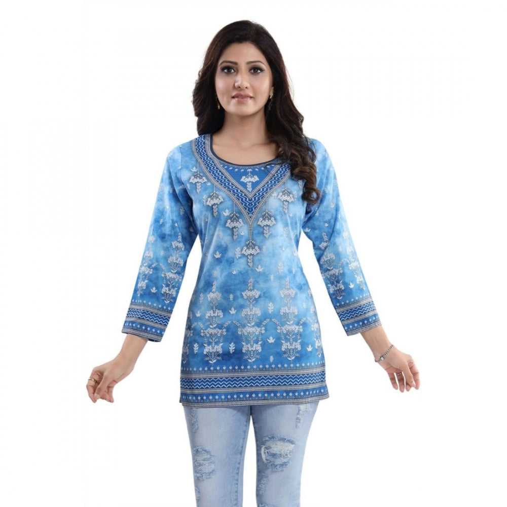 Amfyn Women's Quarter Sleeve Faux Crepe Printed Short Kurti Tunic Top (Color:Sky Blue)