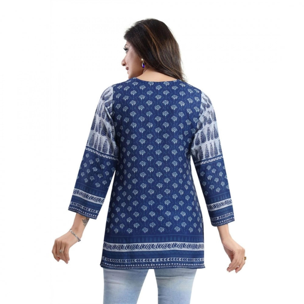 Amfyn Women's Quarter Sleeve Faux Crepe Printed Short Kurti Tunic Top (Color:Blue)