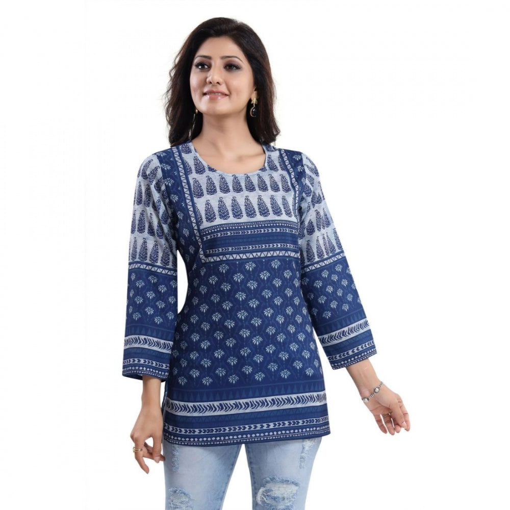 Amfyn Women's Quarter Sleeve Faux Crepe Printed Short Kurti Tunic Top (Color:Blue)