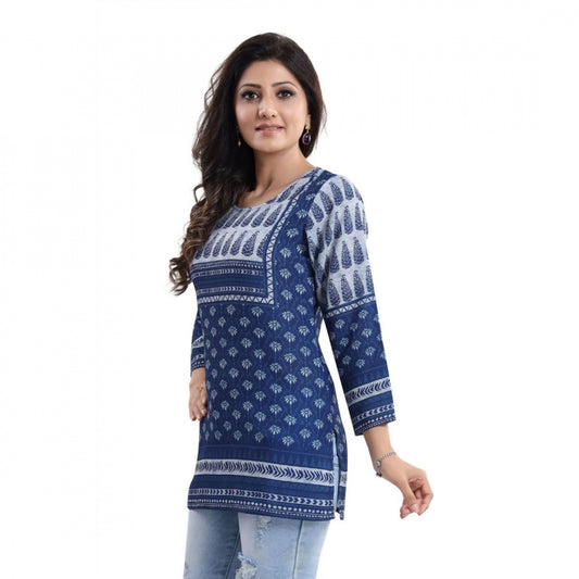 Amfyn Women's Quarter Sleeve Faux Crepe Printed Short Kurti Tunic Top (Color:Blue)