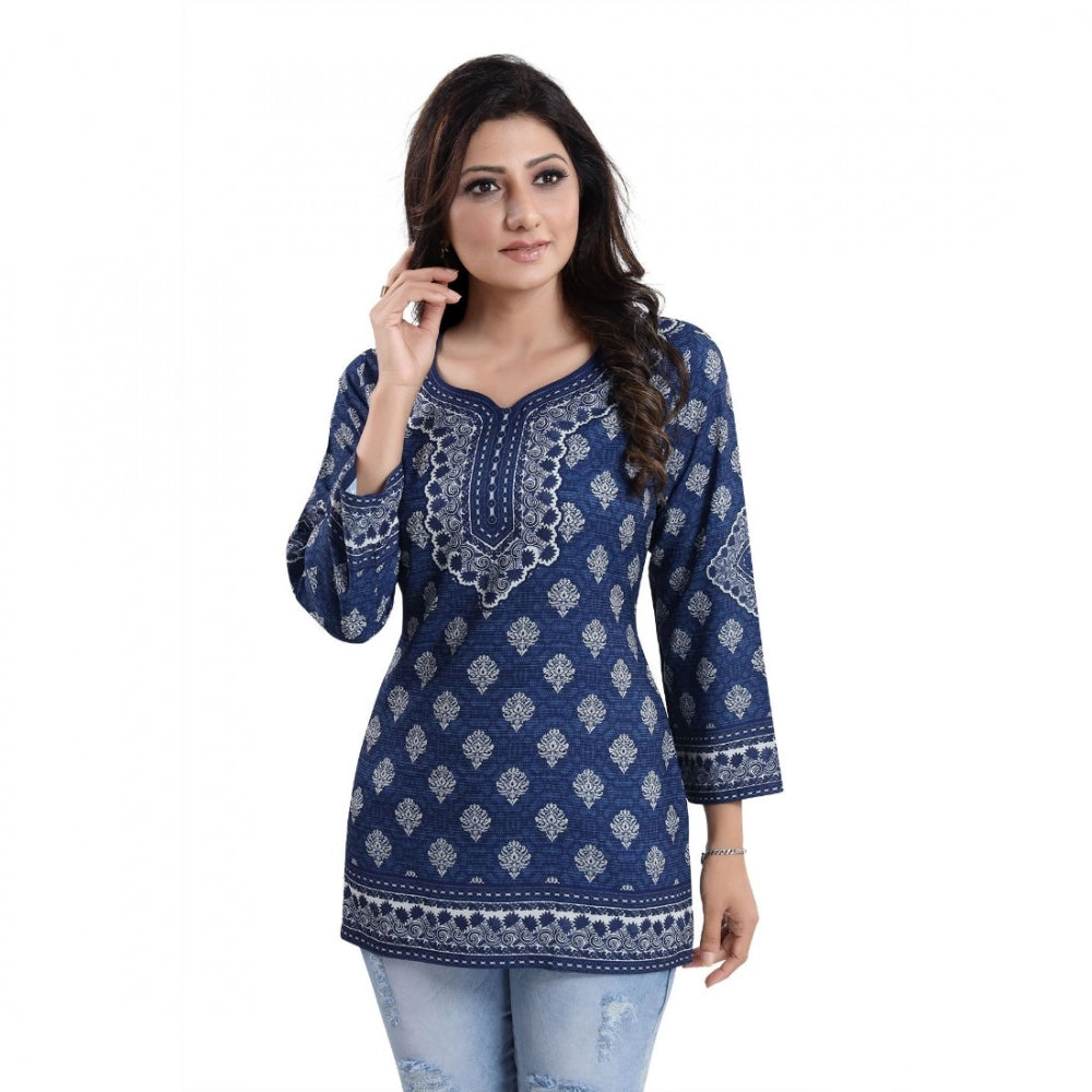 Amfyn Women's Quarter Sleeve Faux Crepe Printed Short Kurti Tunic Top (Color:Blue)