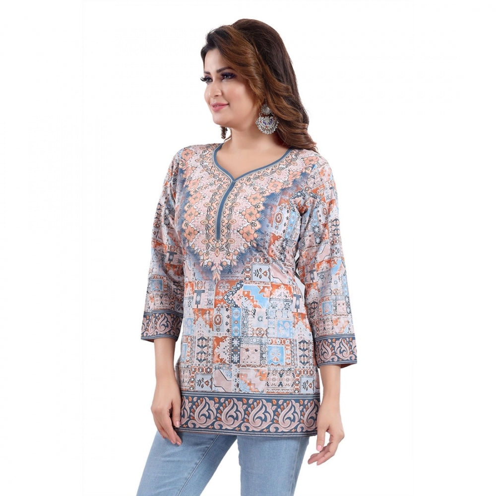 Amfyn Women's Quarter Sleeve Faux Crepe Printed Short Kurti Tunic Top (Color:Blue)