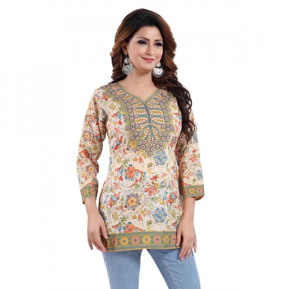 Amfyn Women's Quarter Sleeve Faux Crepe Printed Short Kurti Tunic Top (Color:Multicolor)