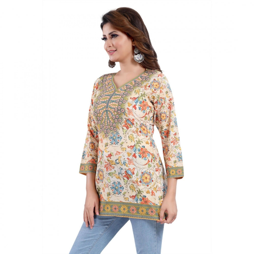 Amfyn Women's Quarter Sleeve Faux Crepe Printed Short Kurti Tunic Top (Color:Multicolor)