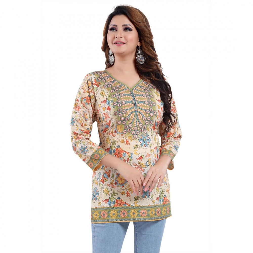 Amfyn Women's Quarter Sleeve Faux Crepe Printed Short Kurti Tunic Top (Color:Multicolor)