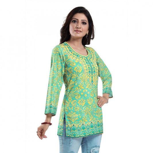 Amfyn Women's Quarter Sleeve Faux Crepe Printed Short Kurti Tunic Top (Color:Green)