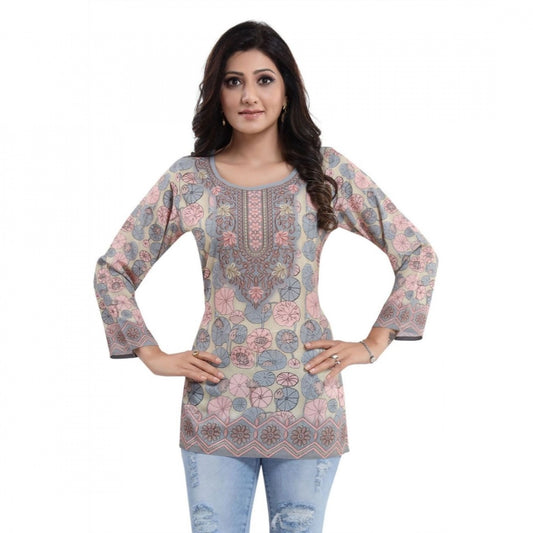 Amfyn Women's Quarter Sleeve Faux Crepe Printed Short Kurti Tunic Top (Color:Pastel)