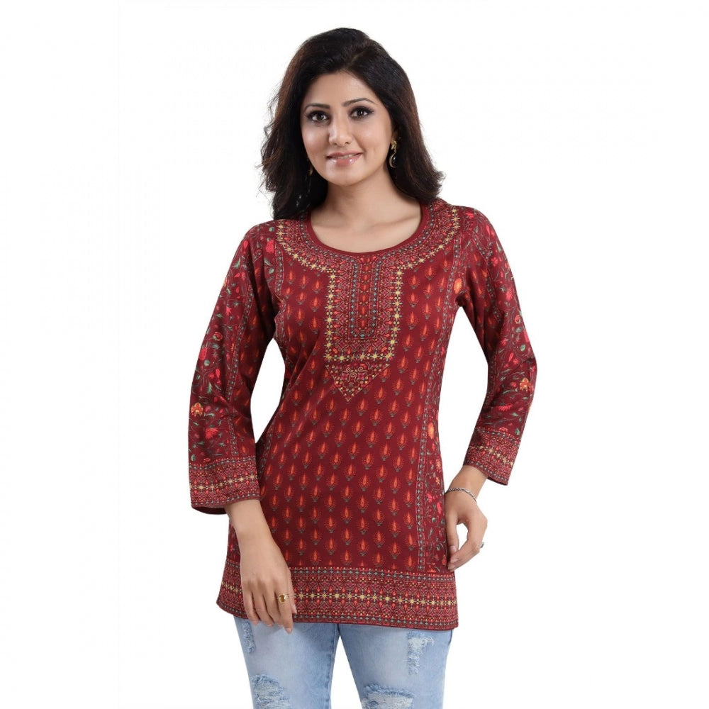 Amfyn Women's Quarter Sleeve Faux Crepe Printed Short Kurti Tunic Top (Color:Red)