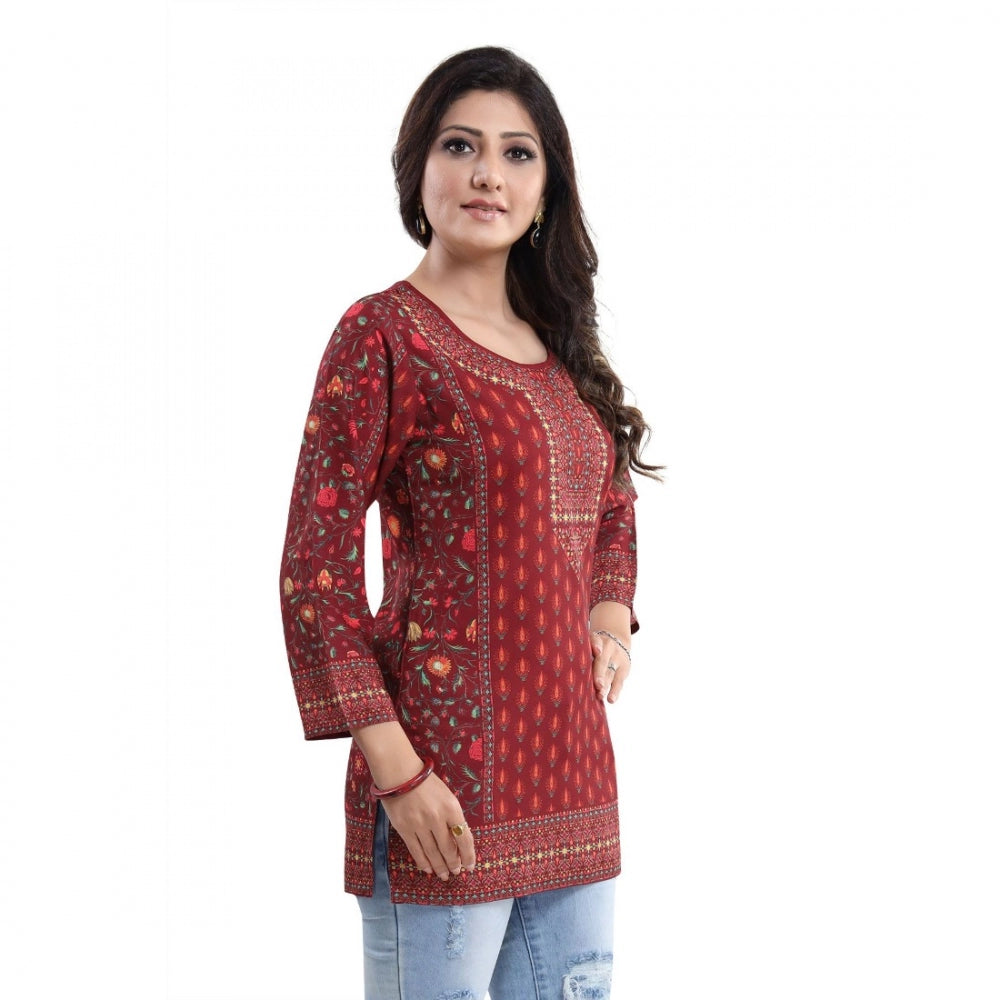 Amfyn Women's Quarter Sleeve Faux Crepe Printed Short Kurti Tunic Top (Color:Red)