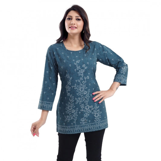 Amfyn Women's Quarter Sleeve Faux Crepe Printed Short Kurti Tunic Top (Color:Grey)