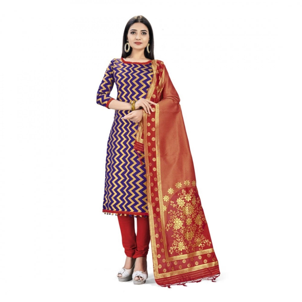 Amfyn Banarasi Silk Unstitched Salwar-Suit Material Premium Quality With Dupatta (Color: Navy Blue)