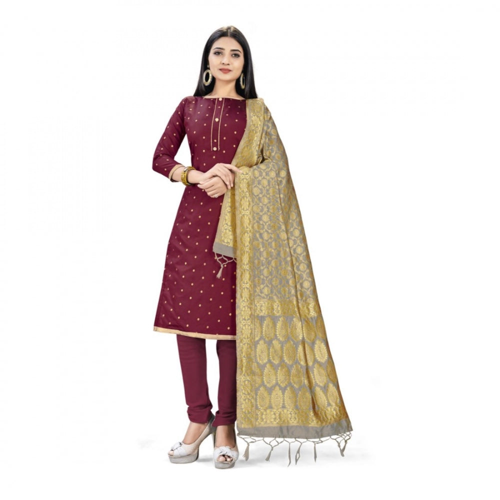 Amfyn Banarasi Silk Unstitched Salwar-Suit Material Premium Quality With Dupatta (Color: Maroon)