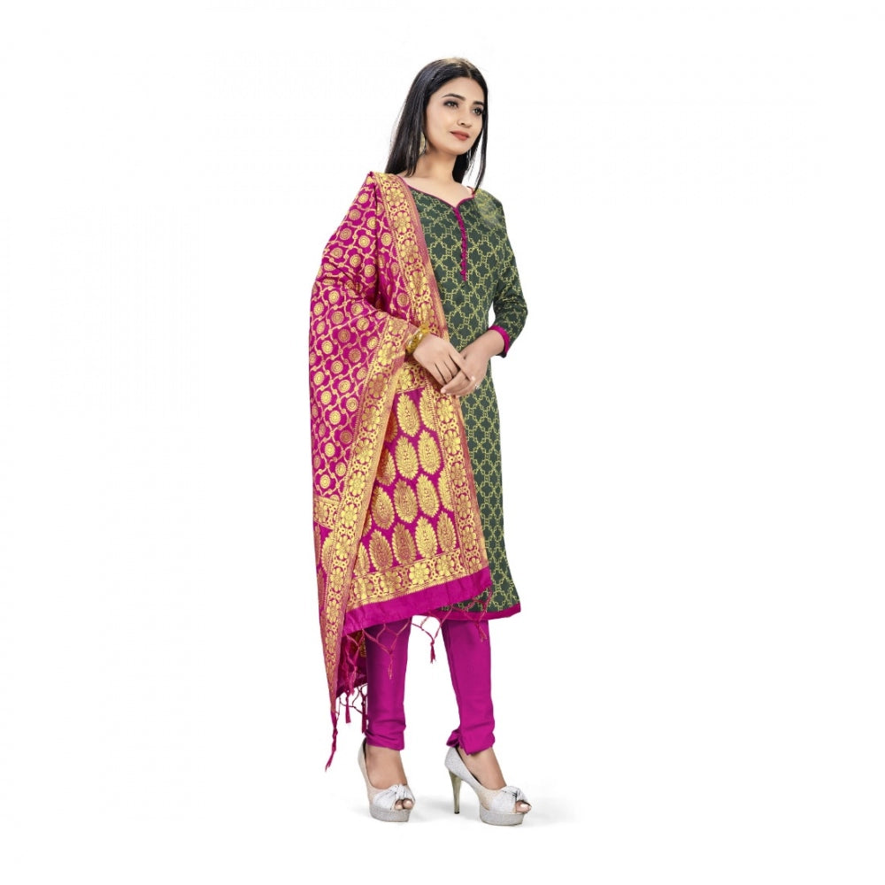 Amfyn Banarasi Silk Unstitched Salwar-Suit Material Premium Quality With Dupatta (Color: Mehendi Green)