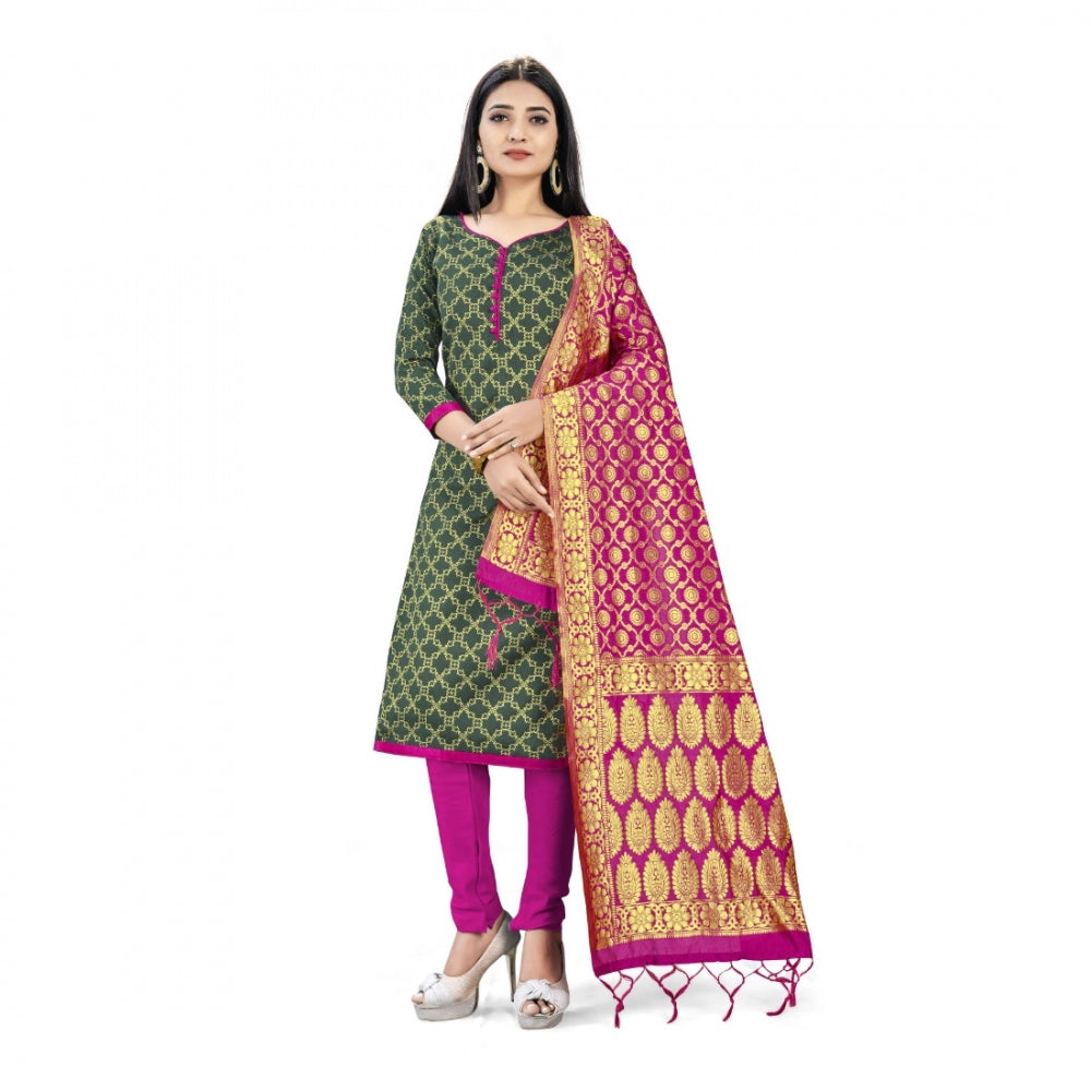 Amfyn Banarasi Silk Unstitched Salwar-Suit Material Premium Quality With Dupatta (Color: Mehendi Green)